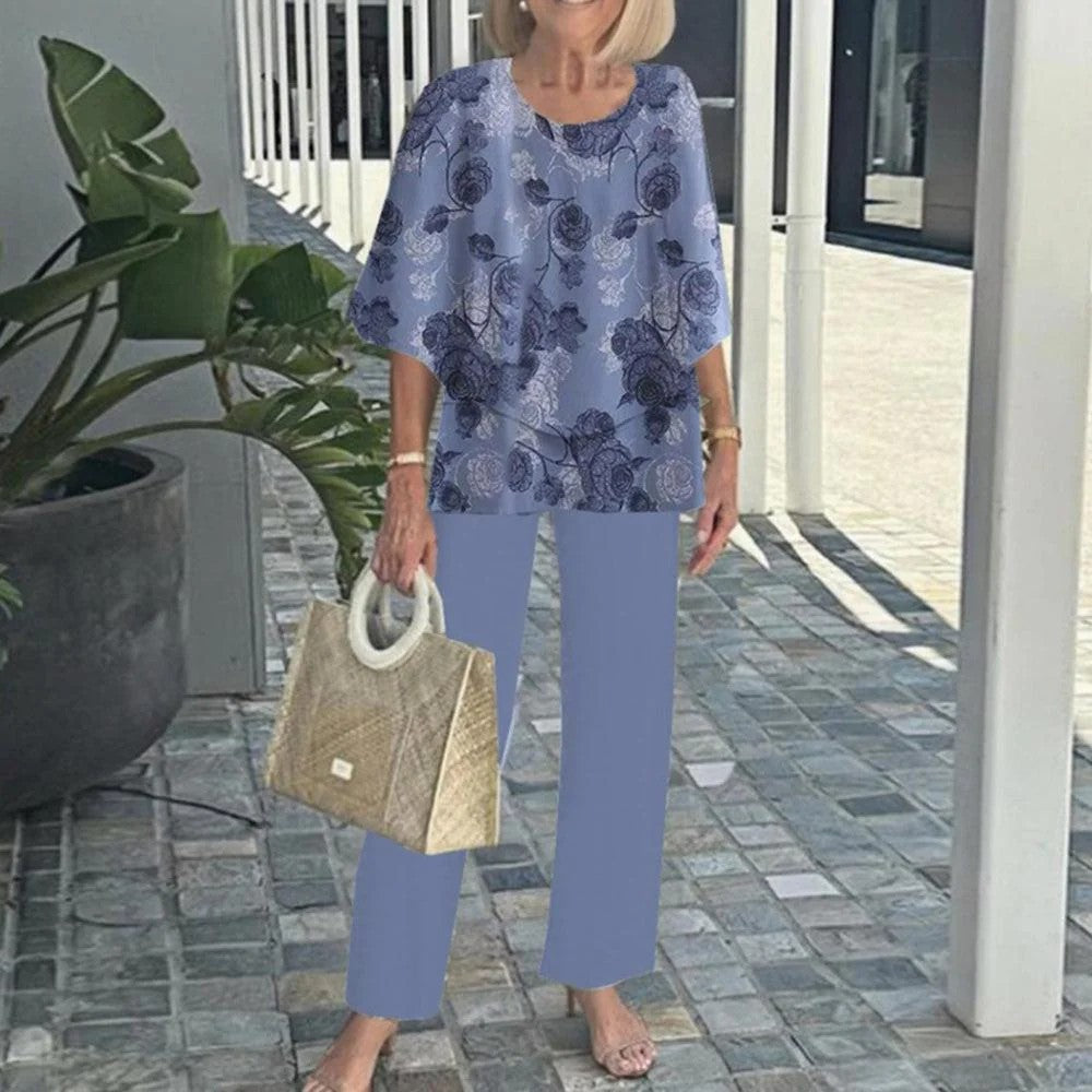 ✨ Női Alkalmi Kerek Nyakú Fél Ujjú Felső + Nyomtatott Nadrágkészlet | Divatos Kényelmes Szett 👚👖