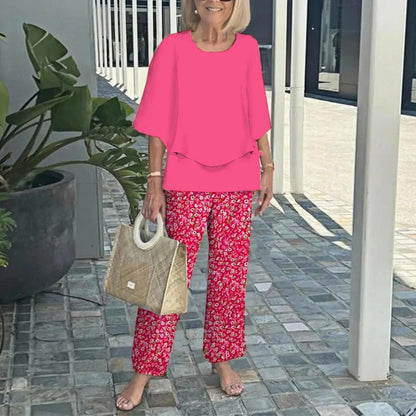 ✨ Női Alkalmi Kerek Nyakú Fél Ujjú Felső + Nyomtatott Nadrágkészlet | Divatos Kényelmes Szett 👚👖