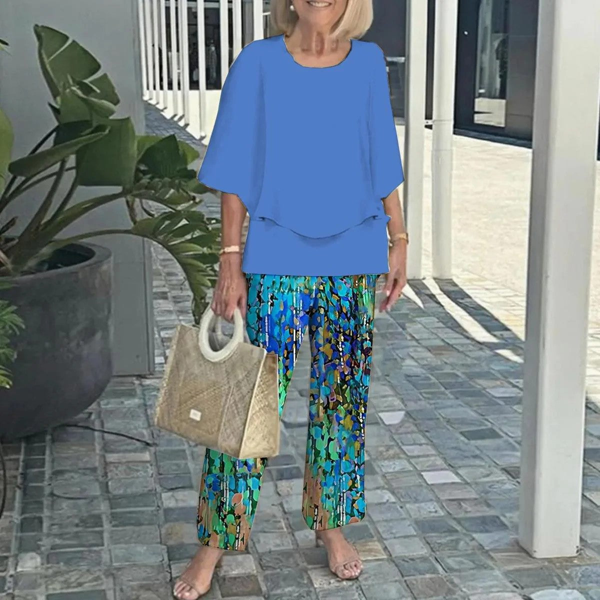 ✨ Női Alkalmi Kerek Nyakú Fél Ujjú Felső + Nyomtatott Nadrágkészlet | Divatos Kényelmes Szett 👚👖