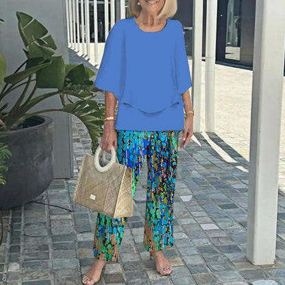 ✨ Női Alkalmi Kerek Nyakú Fél Ujjú Felső + Nyomtatott Nadrágkészlet | Divatos Kényelmes Szett 👚👖