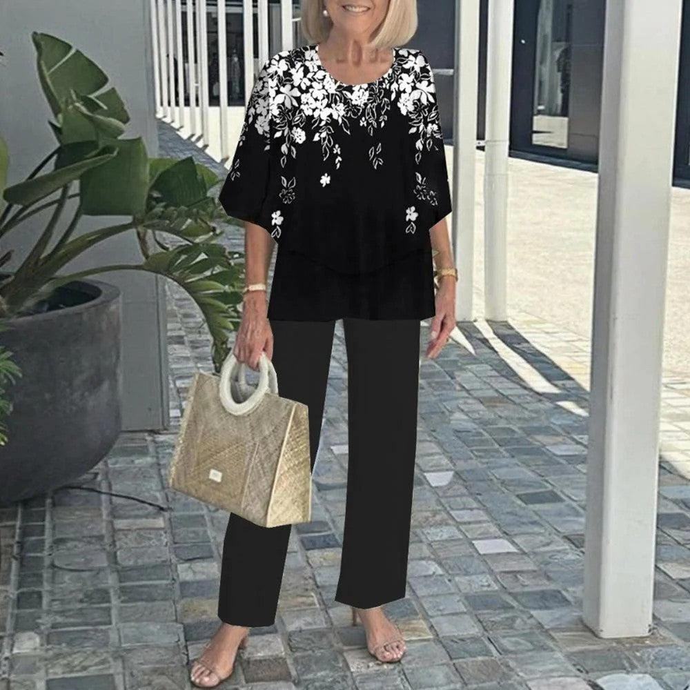 ✨ Női Alkalmi Kerek Nyakú Fél Ujjú Felső + Nyomtatott Nadrágkészlet | Divatos Kényelmes Szett 👚👖