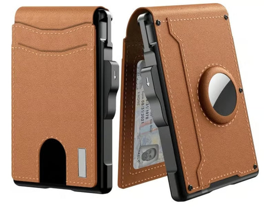 🎁AirTag pénztárca férfiaknak – felnyíló alumínium tok, pénzcsipesz, vékony bőrrekeszek, hitelkártyatartó, RFID-blokkoló, minimalista, kétrét hajtogatható pénztárca