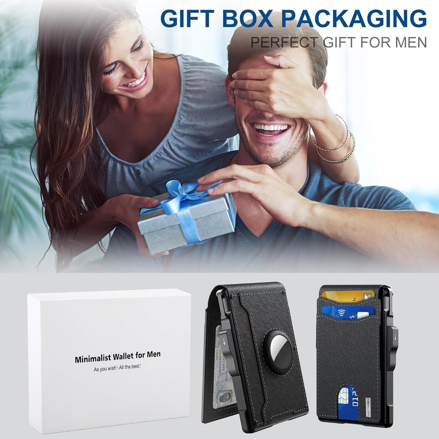 🎁AirTag pénztárca férfiaknak – felnyíló alumínium tok, pénzcsipesz, vékony bőrrekeszek, hitelkártyatartó, RFID-blokkoló, minimalista, kétrét hajtogatható pénztárca