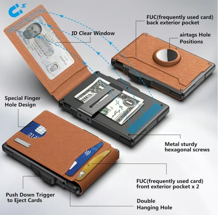 🎁AirTag pénztárca férfiaknak – felnyíló alumínium tok, pénzcsipesz, vékony bőrrekeszek, hitelkártyatartó, RFID-blokkoló, minimalista, kétrét hajtogatható pénztárca