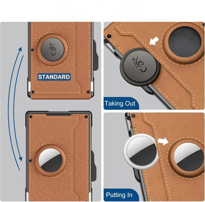 🎁AirTag pénztárca férfiaknak – felnyíló alumínium tok, pénzcsipesz, vékony bőrrekeszek, hitelkártyatartó, RFID-blokkoló, minimalista, kétrét hajtogatható pénztárca