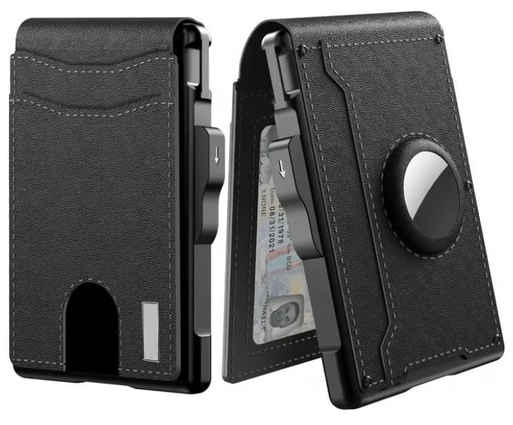 🎁AirTag pénztárca férfiaknak – felnyíló alumínium tok, pénzcsipesz, vékony bőrrekeszek, hitelkártyatartó, RFID-blokkoló, minimalista, kétrét hajtogatható pénztárca