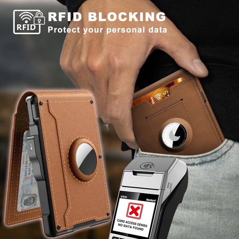 🎁AirTag pénztárca férfiaknak – felnyíló alumínium tok, pénzcsipesz, vékony bőrrekeszek, hitelkártyatartó, RFID-blokkoló, minimalista, kétrét hajtogatható pénztárca