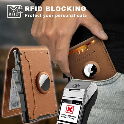 🎁AirTag pénztárca férfiaknak – felnyíló alumínium tok, pénzcsipesz, vékony bőrrekeszek, hitelkártyatartó, RFID-blokkoló, minimalista, kétrét hajtogatható pénztárca