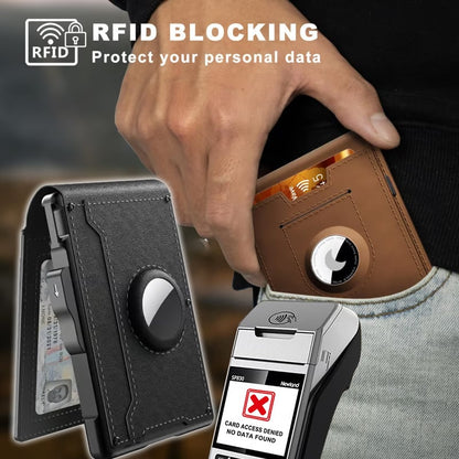 🎁AirTag pénztárca férfiaknak – felnyíló alumínium tok, pénzcsipesz, vékony bőrrekeszek, hitelkártyatartó, RFID-blokkoló, minimalista, kétrét hajtogatható pénztárca