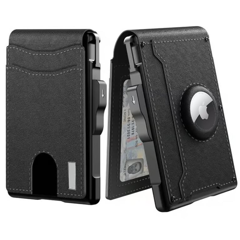 🎁AirTag pénztárca férfiaknak – felnyíló alumínium tok, pénzcsipesz, vékony bőrrekeszek, hitelkártyatartó, RFID-blokkoló, minimalista, kétrét hajtogatható pénztárca