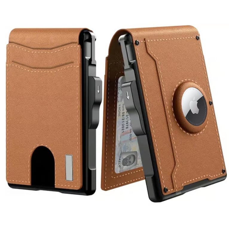 🎁AirTag pénztárca férfiaknak – felnyíló alumínium tok, pénzcsipesz, vékony bőrrekeszek, hitelkártyatartó, RFID-blokkoló, minimalista, kétrét hajtogatható pénztárca