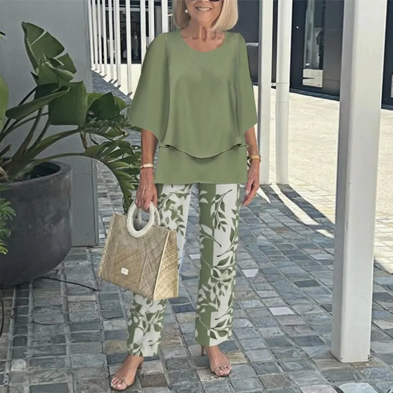 ✨S-3XL💐 Nyomtatott Nadrág + Kerek Nyakú Felső Szett | Női Alkalmi Divatos Kétrészes Szett 👚👖