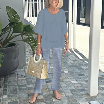✨S-3XL💐 Nyomtatott Nadrág + Kerek Nyakú Felső Szett | Női Alkalmi Divatos Kétrészes Szett 👚👖