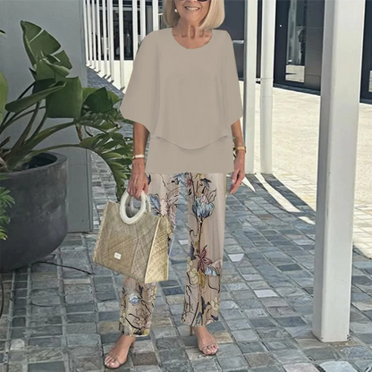 ✨S-3XL💐 Nyomtatott Nadrág + Kerek Nyakú Felső Szett | Női Alkalmi Divatos Kétrészes Szett 👚👖