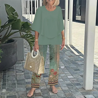 ✨S-3XL💐 Nyomtatott Nadrág + Kerek Nyakú Felső Szett | Női Alkalmi Divatos Kétrészes Szett 👚👖