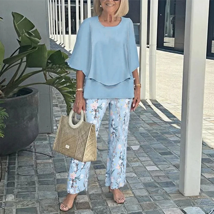 ✨S-3XL💐 Nyomtatott Nadrág + Kerek Nyakú Felső Szett | Női Alkalmi Divatos Kétrészes Szett 👚👖