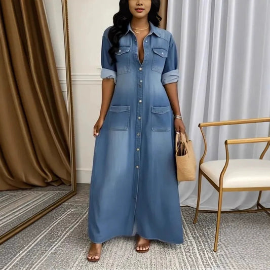 👗 Női Farmer Maxi Ruha | Gombos kivitel, Letisztult stílus – Alkalmi & Hétköznapi viseletre