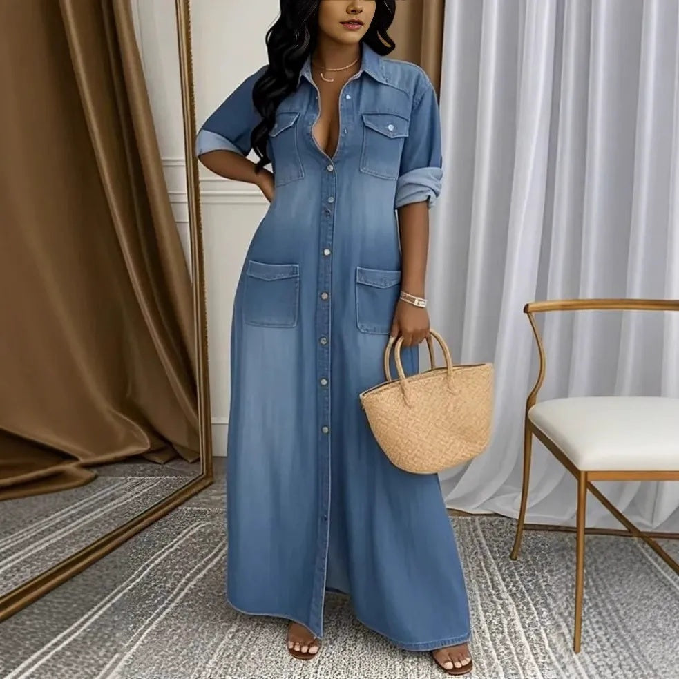 👗 Női Farmer Maxi Ruha | Gombos kivitel, Letisztult stílus – Alkalmi & Hétköznapi viseletre