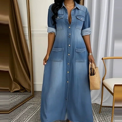 👗 Női Farmer Maxi Ruha | Gombos kivitel, Letisztult stílus – Alkalmi & Hétköznapi viseletre