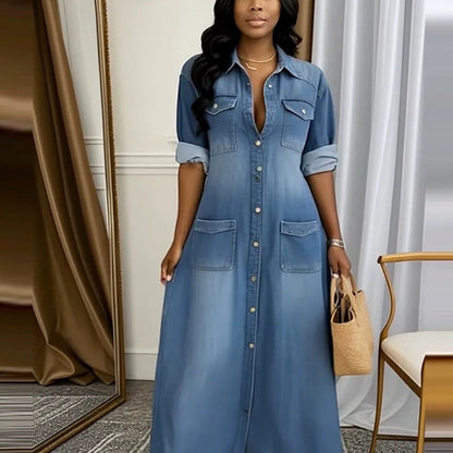 👗 Női Farmer Maxi Ruha | Gombos kivitel, Letisztult stílus – Alkalmi & Hétköznapi viseletre