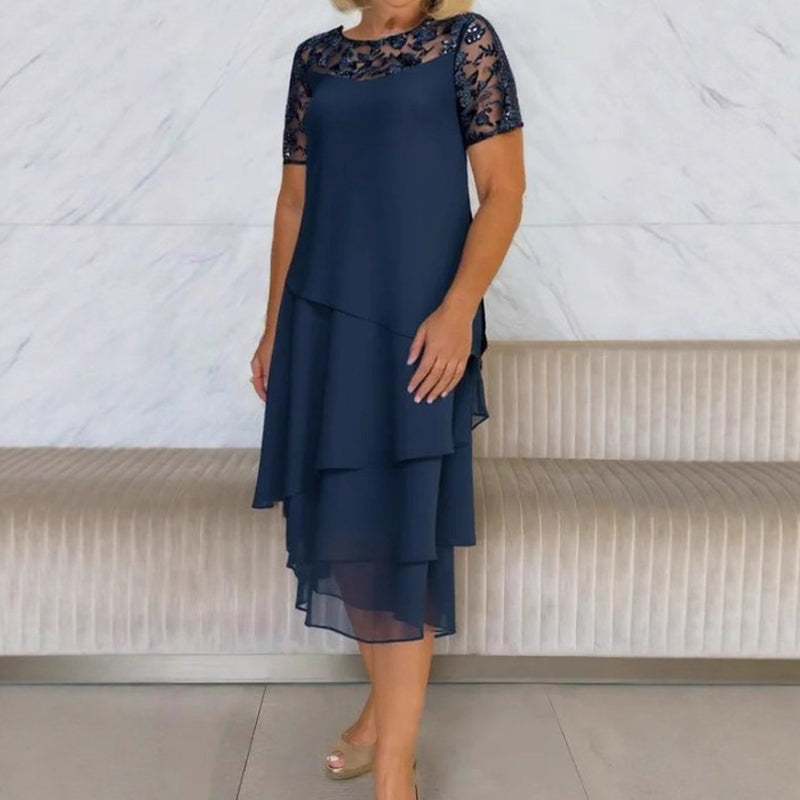 Rafinált Női Réteges Hálós Ujjú, A-vonalú Midi Ruha - Az Elegancia Megtestesítője Női Gardróbokban
