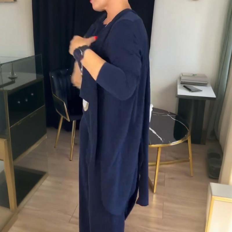 💝 Hosszú kardigán szett – háromrészes! Kardigán + felső + nadrág, egybegyűjtve, tökéletes összeállítás. Kényelmes, nőies, praktikus. 👗✨ Utánvéttel!