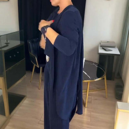 💝 Hosszú kardigán szett – háromrészes! Kardigán + felső + nadrág, egybegyűjtve, tökéletes összeállítás. Kényelmes, nőies, praktikus. 👗✨ Utánvéttel!