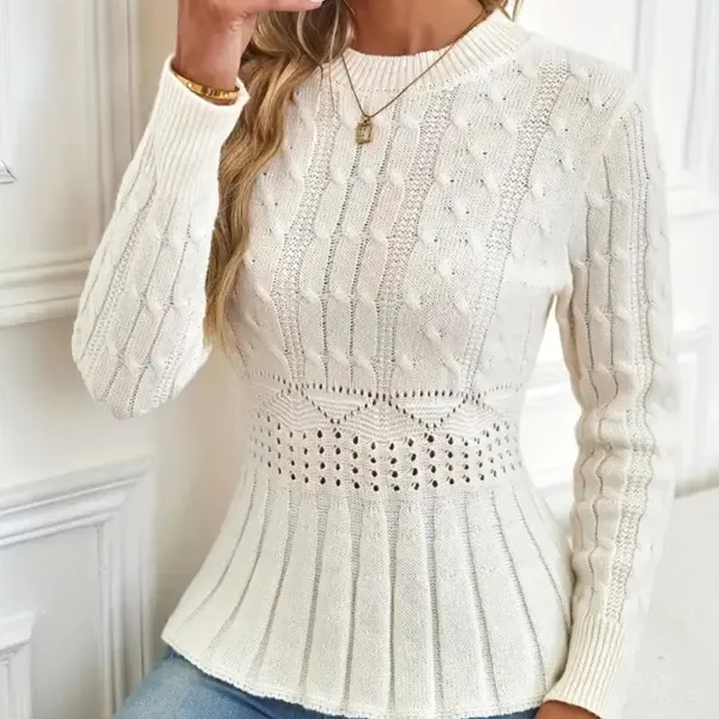 Női Peplum Pulóver - Vastag Kötésű, Dekoltázzsal Ellátott Modell