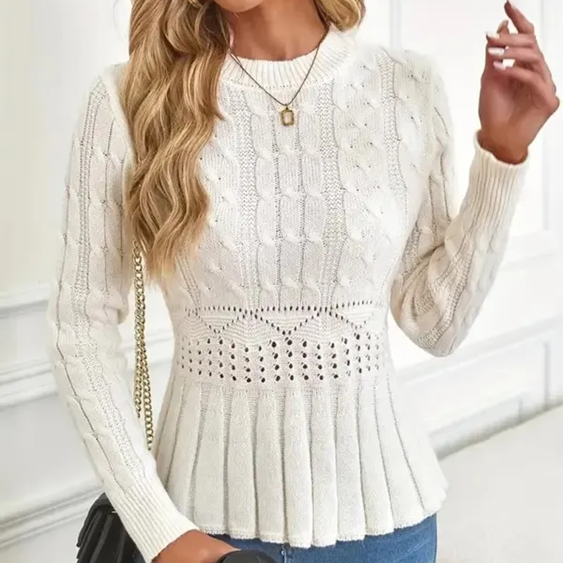 Női Peplum Pulóver - Vastag Kötésű, Dekoltázzsal Ellátott Modell
