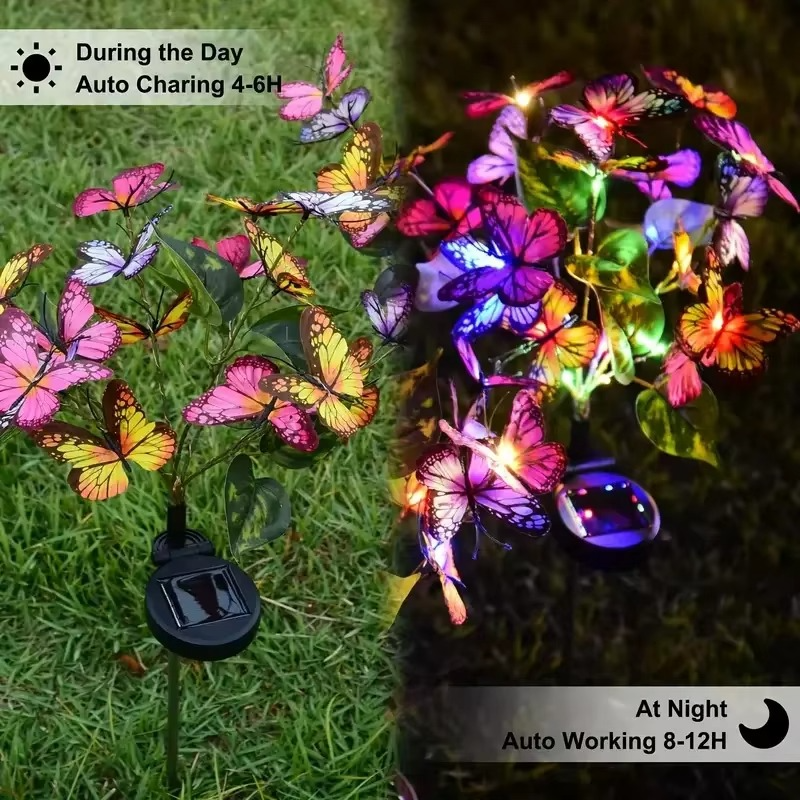 💖 Varázslatos Kerti Hangulat! Színes Napelemes Pillangó Fények | 8 RGB Szín, Automatikus Villogás - Tökéletes Ajándék, Esküvő, Bulidísz 🌈🎁