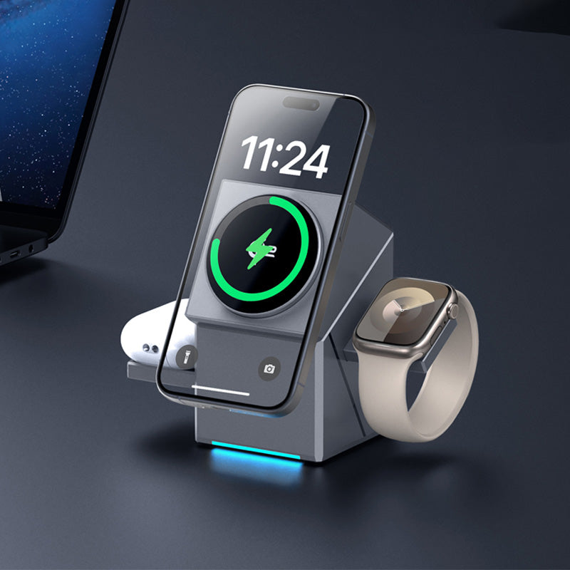 3in1 Mágneses Vezeték Nélküli Töltőállomás | iPhone, AirPods, Apple Watch Gyorstöltés - 15W, Összecsukható 👨‍💻⚡