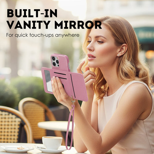 👛 Női Rózsaszín Pénztárca Mobiltok | Beépített Tükör & Csuklópánt - Kártyatartó, Kényelmes Hordozás, iPhone/Android Védőtok 🌸