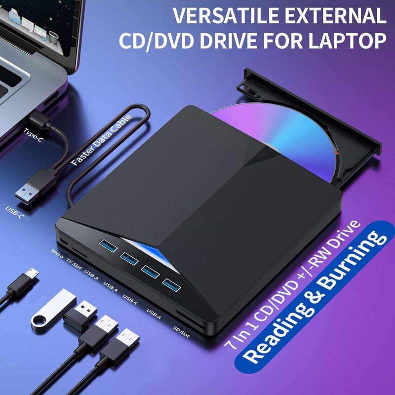 💽 7-in-1 Külső DVD Meghajtó | USB 3.0, Type-C, Kártyaolvasó - CD/DVD Írás/Olvasás, USB Hub, SD/TF Olvasó 🖥️🔌