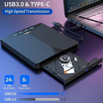 💽 7-in-1 Külső DVD Meghajtó | USB 3.0, Type-C, Kártyaolvasó - CD/DVD Írás/Olvasás, USB Hub, SD/TF Olvasó 🖥️🔌