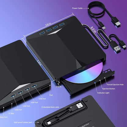 💽 7-in-1 Külső DVD Meghajtó | USB 3.0, Type-C, Kártyaolvasó - CD/DVD Írás/Olvasás, USB Hub, SD/TF Olvasó 🖥️🔌