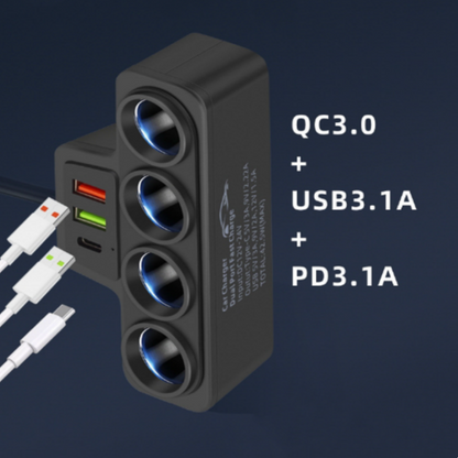 🚗 7-in-1 Gyújtószennyes Adapter | USB-C & USB-A Gyorstöltés, LED Kijelző, Qi Wireless - Tökéletes Utazáshoz, Családnak, Minden Eszköz Töltésére 🔋✨