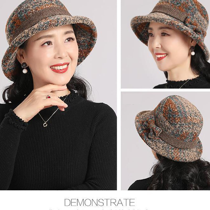 🥰Női vintage kockás műgyapjú cloche kalap