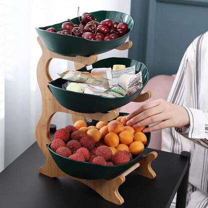 ✨🌿 3-szintes gyümölcstál fa állvánnyal – helytakarékos, dekoratív, könnyen tisztítható! 🍎🍇 Platás utánvéttel!