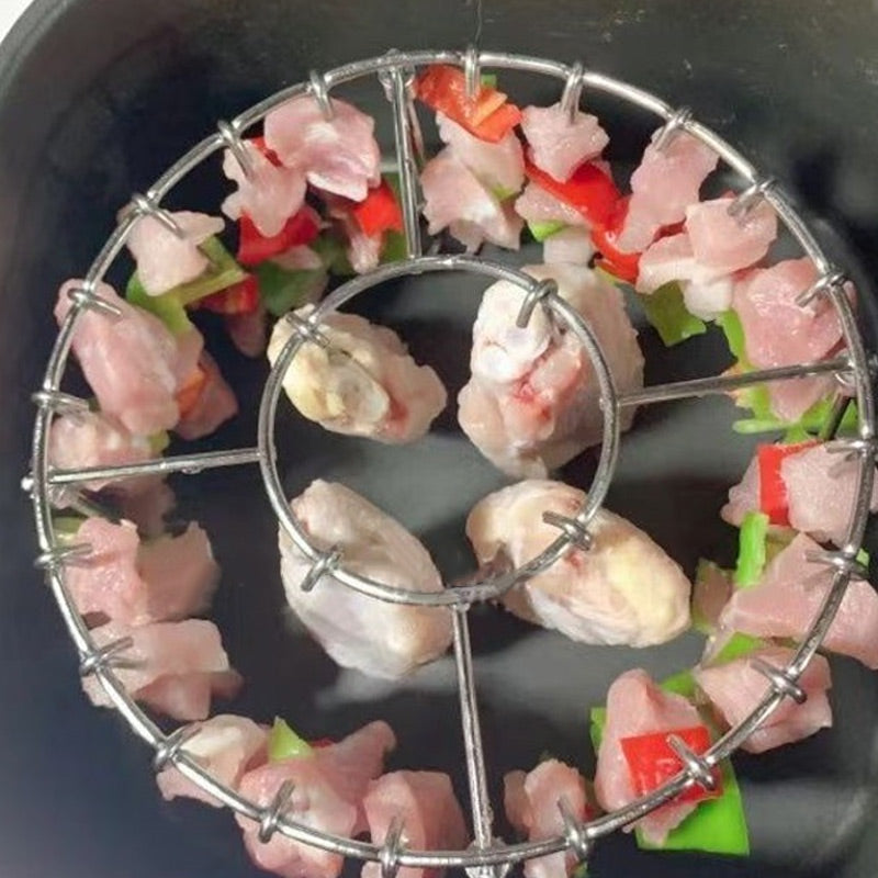 🔥 Rozsdamentes acél kerek sütőrács nyárssal – füstölőhöz, grillezéshez, szabad tűzhöz tökéletes! 🍖 Platás utánvéttel!