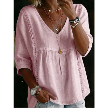 👚 Női alkalmi V-nyakú csipkés szegélyű felső – csinos, kényelmes, nyári napokra tökéletes! ✨ Platás utánvéttel!