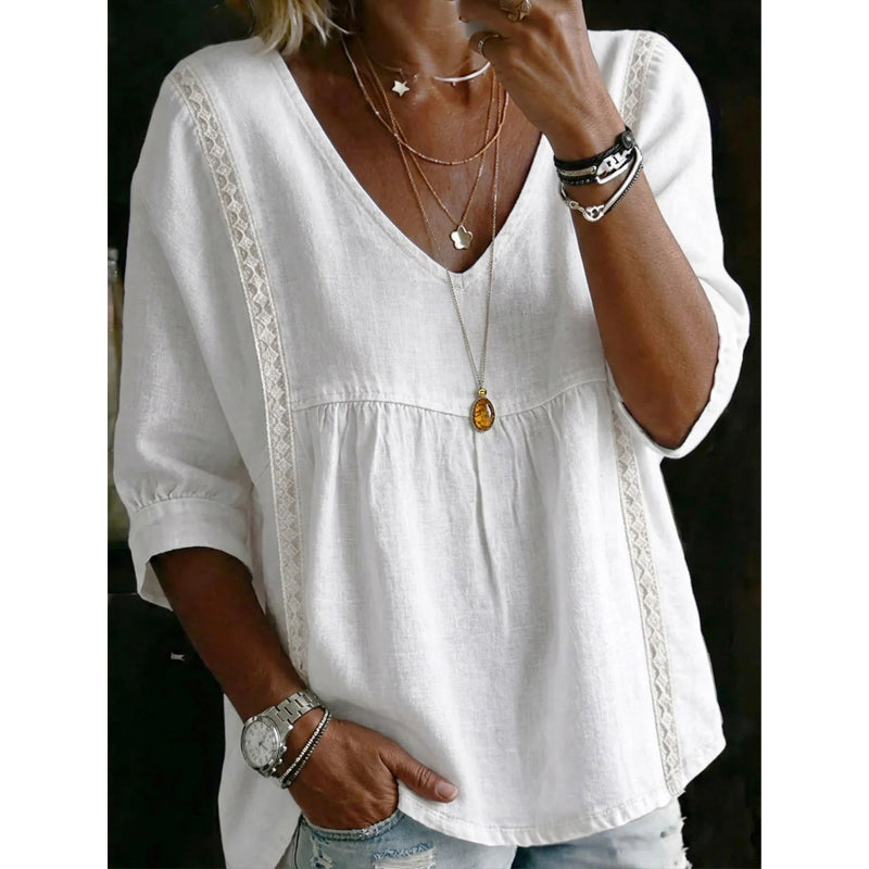 👚 Női alkalmi V-nyakú csipkés szegélyű felső – csinos, kényelmes, nyári napokra tökéletes! ✨ Platás utánvéttel!