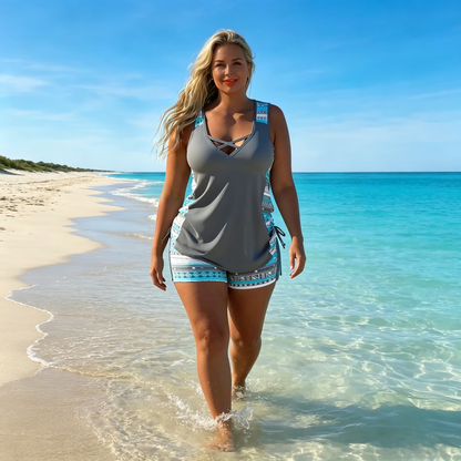👙 S-3XL🏖️ Női, mintás, kétrészes tankini fürdőruha – kényelmes, divatos, takarja a hasad, de mutatja a bájaid! 🌸✨ Utánvéttel!