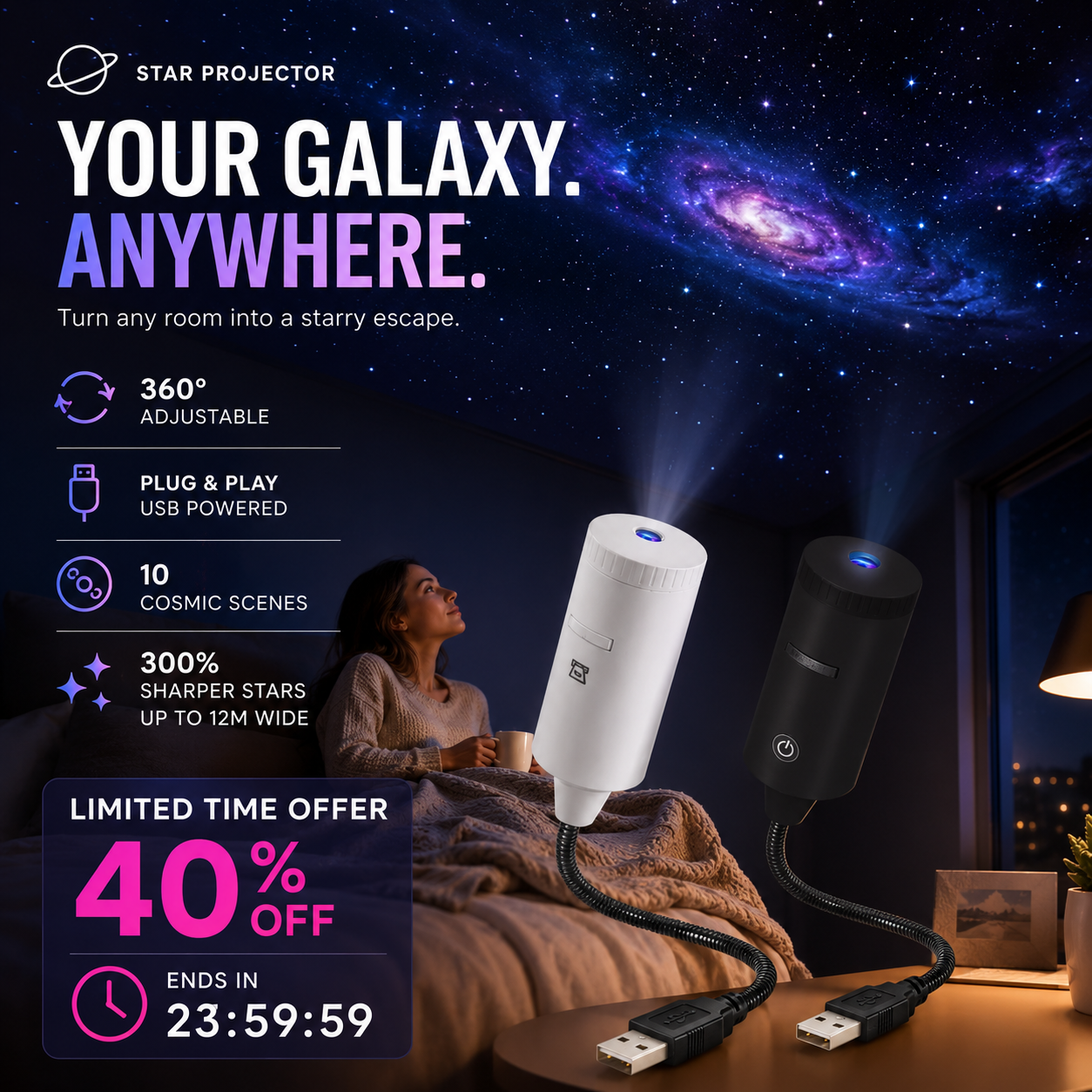 🥳 Plug-and-play HD csillagos égbolt és óceán vetítő éjszakai lámpa – egy gombnyomás, és a szobád égboltja csillagokkal, az ágyad pedig tengerrel telik meg! 🌌🌊 Platás utánvéttel!